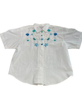 Vintage 80s Cottagecore Blouse PM White Buttons Embroidered Prairie Sophisticate